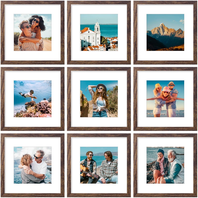Vittanly 12x12 Picture Frames Set of 9 Shatter Resistant Plexiglass Display 8x8 Pictures with Mat or 12x12 without Mat Photo Frames for Wall Mount Engineered Wood Brown