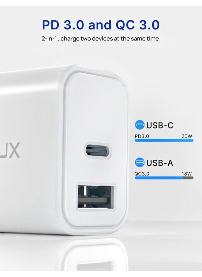20 W USB C Charger Compatible with iPhone 15, JSAUX 2-Port Fast Charger USB-C Power Supply and USB-A Charging Plug Compatible with Samsung Galaxy S23 S22 S21, iPhone 15/14/13/12 Pro Max Plus etc
