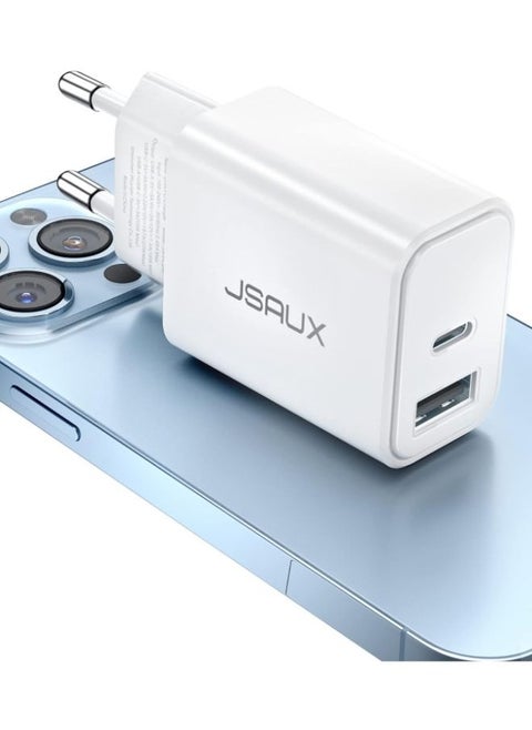 20 W USB C Charger Compatible with iPhone 15, JSAUX 2-Port Fast Charger USB-C Power Supply and USB-A Charging Plug Compatible with Samsung Galaxy S23 S22 S21, iPhone 15/14/13/12 Pro Max Plus etc