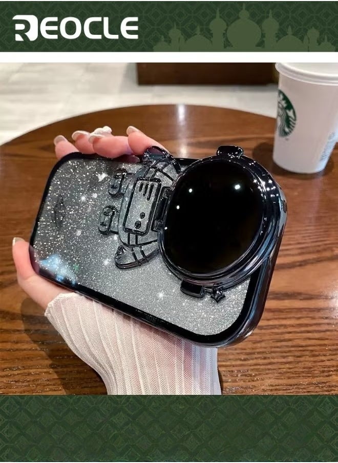 REOCLE Astronaut Hidden Stand Phone Case for iPhone 14 Pro Max Astronaut Lens Camera Protector Kickstand Luxury Glitter Bling 6D Electroplated Clear Soft TPU Protector - Image 1