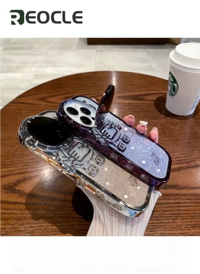 REOCLE Astronaut Hidden Stand Phone Case for iPhone 14 Pro Max Astronaut Lens Camera Protector Kickstand Luxury Glitter Bling 6D Electroplated Clear Soft TPU Protector - Image 3