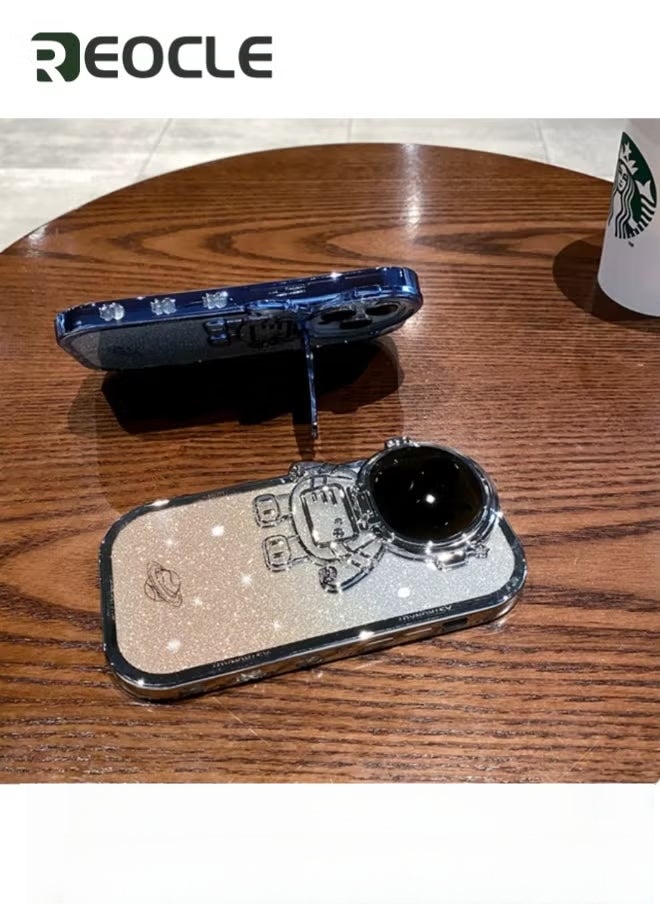 REOCLE Astronaut Hidden Stand Phone Case for iPhone 14 Pro Max Astronaut Lens Camera Protector Kickstand Luxury Glitter Bling 6D Electroplated Clear Soft TPU Protector - Image 2