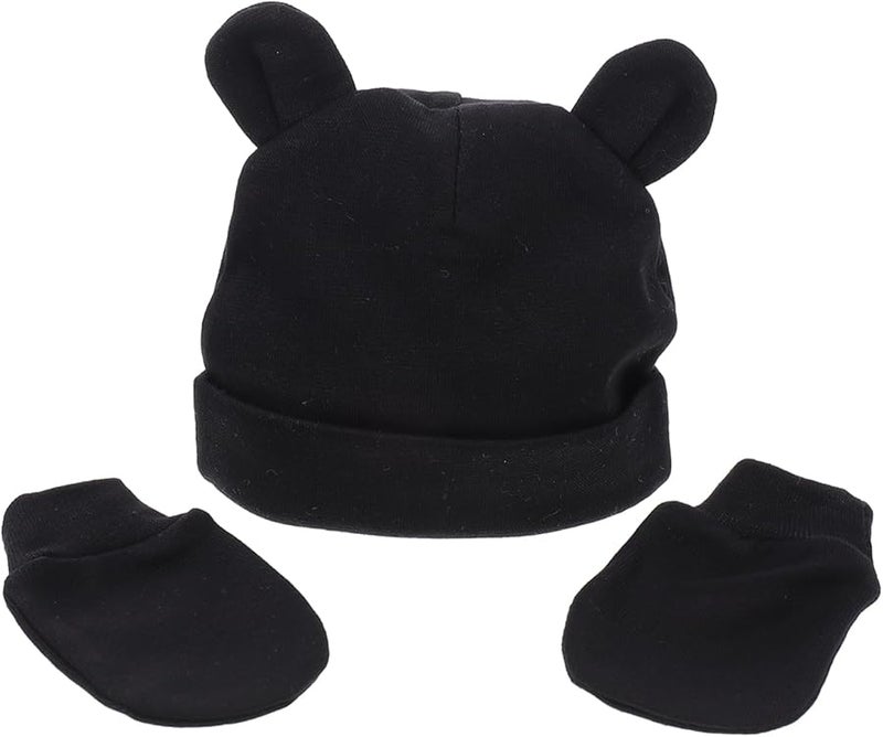 Newborn Baby Hat And Anti Scratch Mittens Set 3Pcs Soft Comfortable Black - Image 1