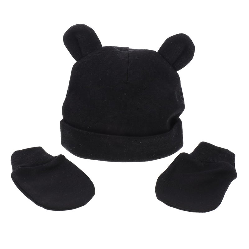 Newborn Baby Hat And Anti Scratch Mittens Set 3Pcs Soft Comfortable Black - Image 2