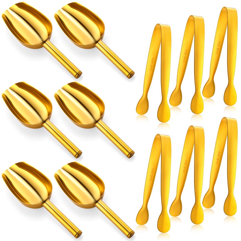 Jingmore 12 Pcs Gold Stainless Steel Ice Scoop and Mini Tongs Ice Shovel Scoop Kitchen Cube Buffet for Kitchen Dispenser Buffet JarsScooping Coffee BeanDesserts Party - Image 3