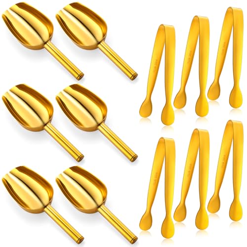Jingmore 12 Pcs Gold Stainless Steel Ice Scoop and Mini Tongs Ice Shovel Scoop Kitchen Cube Buffet for Kitchen Dispenser Buffet JarsScooping Coffee BeanDesserts Party - Image 1