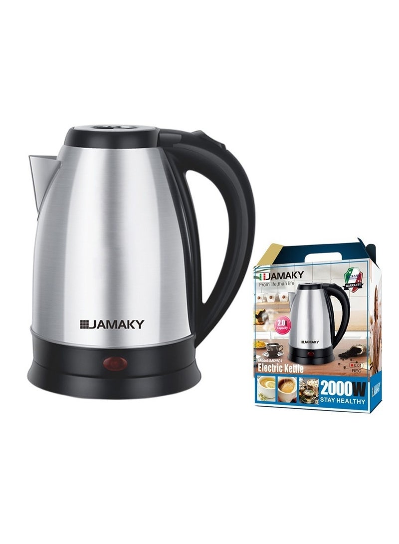 Stainless steel kettle with a capacity of 2 liters, rust-proof, with a power of 2000 watts