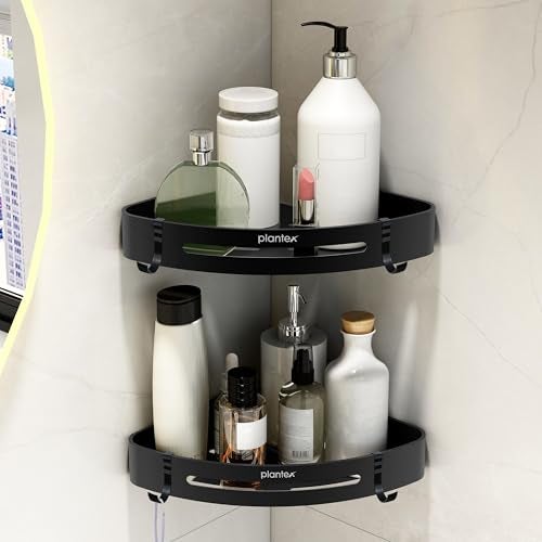 Plantex Corner Shelf for Bathroom Wall/Self Adhesive Bathroom Shelf/Aluminium Shelf Corner Organiser Without Drill/Adhesive Corner Shelf Rack- Pack of 2 (9x9 Inch, Matt Black) - Image 1