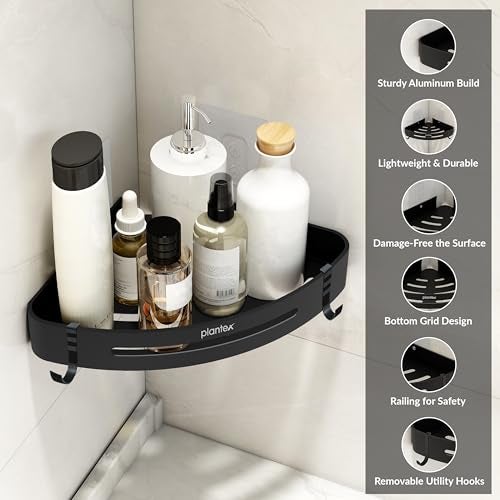 Plantex Corner Shelf for Bathroom Wall/Self Adhesive Bathroom Shelf/Aluminium Shelf Corner Organiser Without Drill/Adhesive Corner Shelf Rack- Pack of 2 (9x9 Inch, Matt Black) - Image 2
