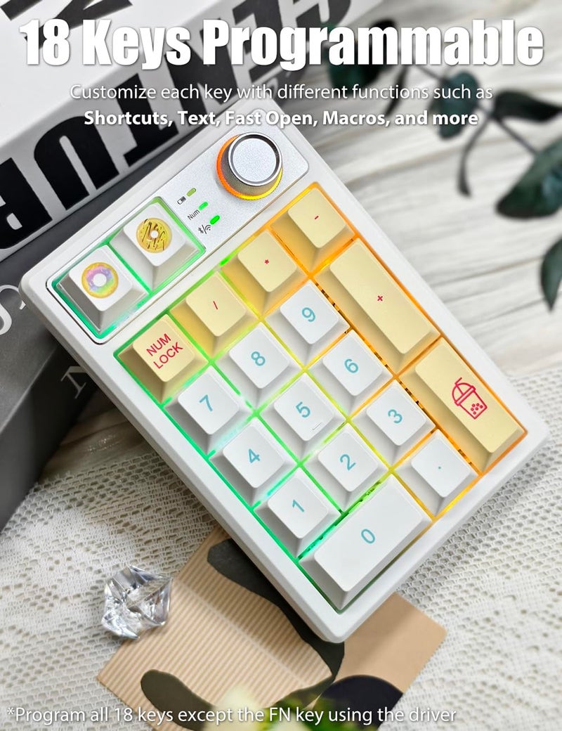 TISHLED Gasket Creamy Mechanical Numpad Programmable Macro Keypad Wireless 2.4G/Bluetooth 5.0/Wired USB-C RGB Backlit Hot Swappable Number Pad Rechargeable Numeric Keyboard Metal Knob, Donut - Image 4