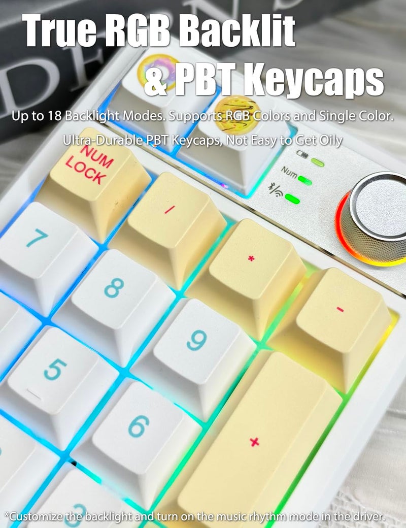 TISHLED Gasket Creamy Mechanical Numpad Programmable Macro Keypad Wireless 2.4G/Bluetooth 5.0/Wired USB-C RGB Backlit Hot Swappable Number Pad Rechargeable Numeric Keyboard Metal Knob, Donut - Image 5