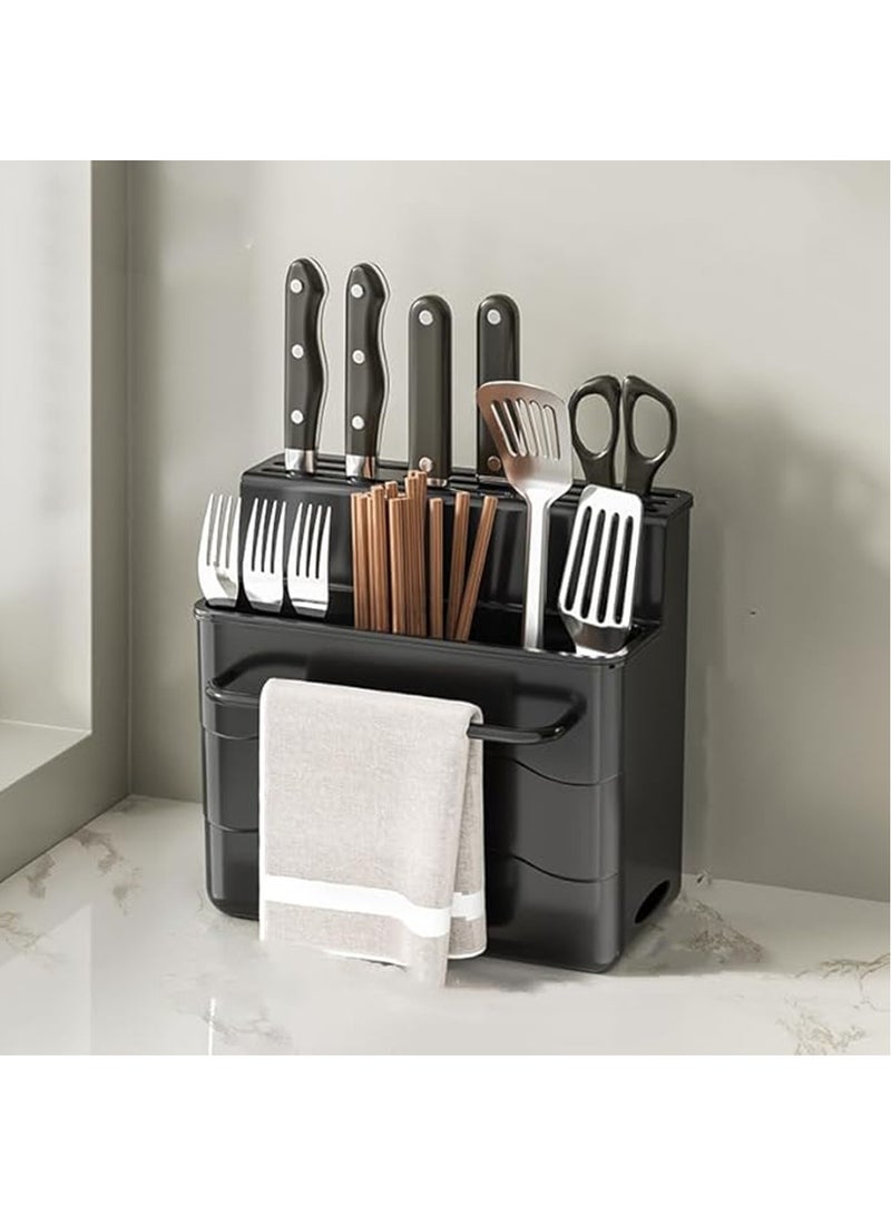 Hihonor Drain Storage Rack, Kitchen Chopsticks, Cutting Board, Shelf, Household Knife Storage, Stainless Steel Storage Cooking Organizer Caddy For Large Capacity Flatware Spoon Spatula Fork (Black)  - Image 1