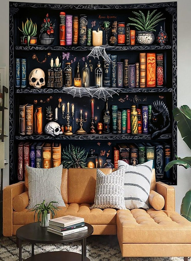 Algasan Magic Bookshelf Tapestry Magical Book Tapestry Gothic Witchy Vintage Library Skull Potion Black Cat Candle Botanical Backdrop for Bedroom Living Room Dorm 59.1 x 52.1 Inches - Image 2