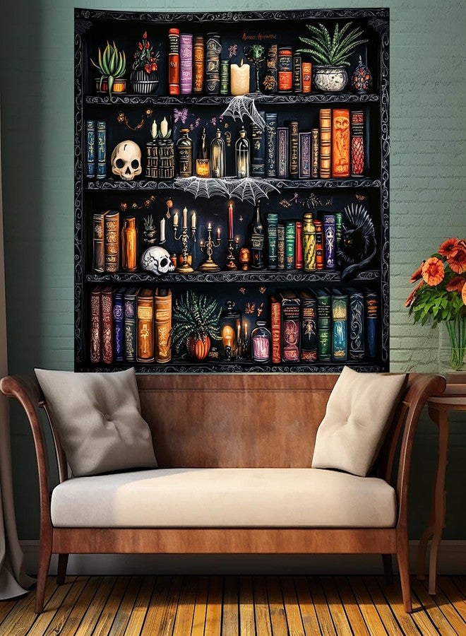 Algasan Magic Bookshelf Tapestry Magical Book Tapestry Gothic Witchy Vintage Library Skull Potion Black Cat Candle Botanical Backdrop for Bedroom Living Room Dorm 59.1 x 52.1 Inches - Image 3