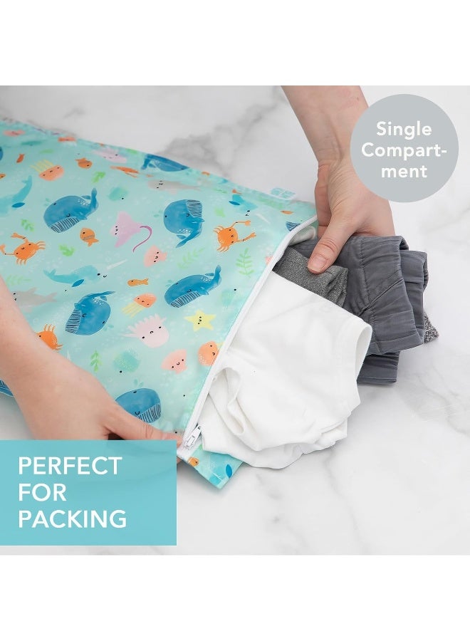 Bumkins Waterproof Wet Bag for Baby, Travel, Swim Suit, Cloth Diapers, Pump Parts, Pool, Beach, Gym Clothes, Toiletry, Hook to Stroller, Daycare, Zipper Reusable Wetdry Packing Pouch, Ocean Life Blue - Image 2
