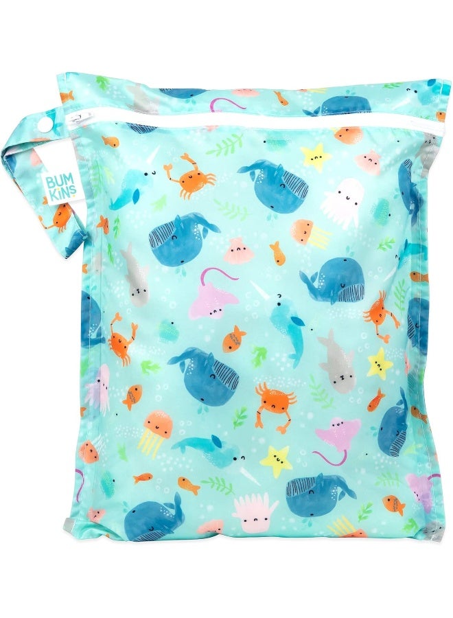 Bumkins Waterproof Wet Bag for Baby, Travel, Swim Suit, Cloth Diapers, Pump Parts, Pool, Beach, Gym Clothes, Toiletry, Hook to Stroller, Daycare, Zipper Reusable Wetdry Packing Pouch, Ocean Life Blue - Image 1