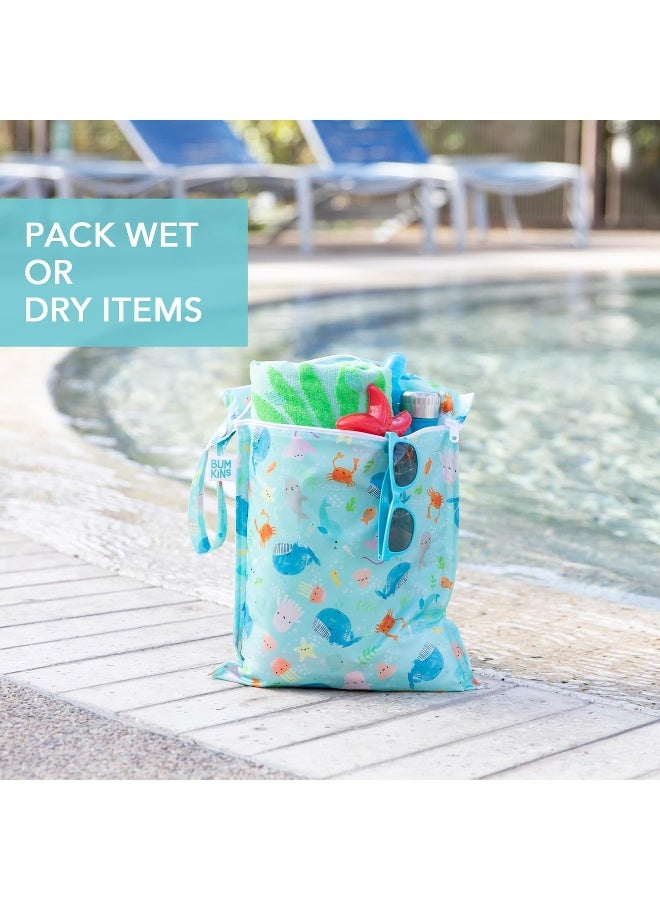 Bumkins Waterproof Wet Bag for Baby, Travel, Swim Suit, Cloth Diapers, Pump Parts, Pool, Beach, Gym Clothes, Toiletry, Hook to Stroller, Daycare, Zipper Reusable Wetdry Packing Pouch, Ocean Life Blue - Image 3