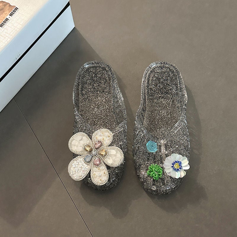 Korean Jelly Slippers Women Rhinestone Flower Crystal Toe-Cover Sandals Summer Beach House Slippers Flat - Image 2