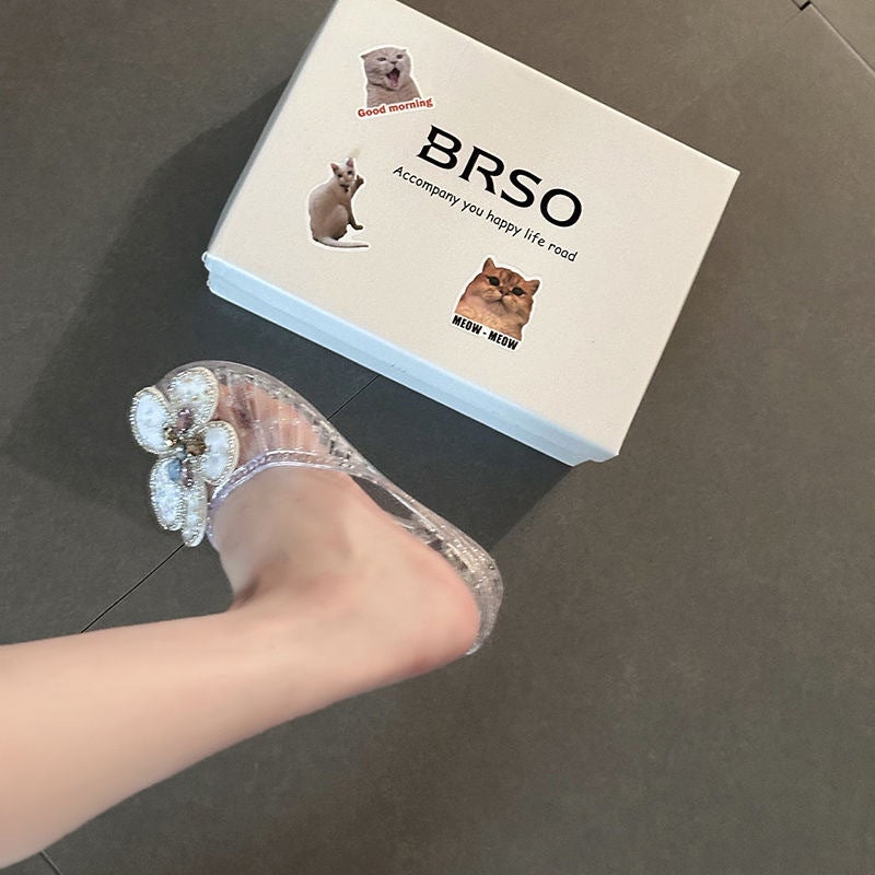 Korean Jelly Slippers Women Rhinestone Flower Crystal Toe-Cover Sandals Summer Beach House Slippers Flat - Image 4