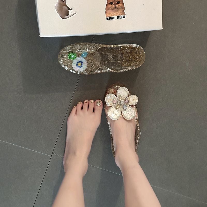 Korean Jelly Slippers Women Rhinestone Flower Crystal Toe-Cover Sandals Summer Beach House Slippers Flat - Image 3