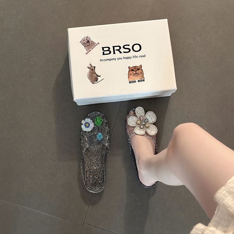 Korean Jelly Slippers Women Rhinestone Flower Crystal Toe-Cover Sandals Summer Beach House Slippers Flat - Image 1