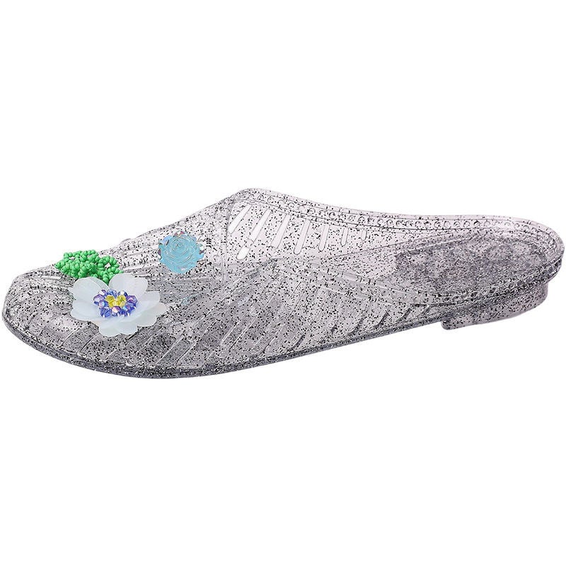 Korean Jelly Slippers Women Rhinestone Flower Crystal Toe-Cover Sandals Summer Beach House Slippers Flat - Image 5