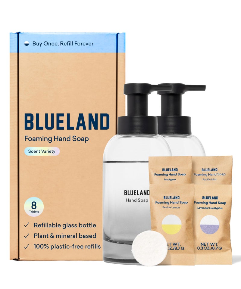 Blueland مجموعة صابون اليدين من بلولاند، 2 موزع زجاجي قابل لإعادة التعبئة مع 8 أقراص تعبئة، روائح متنوعة، 8 × 9 أونصة سائلة - Image 1