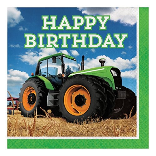 Creative Converting 16-Count Paper Lunch Napkins, Happy Birthday, Tractor Time, 6.5 x 6.5-inch, Multicolor - Image 1
