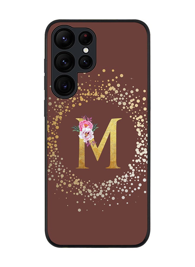 Stylizedd Rugged Black edge case for Samsung Galaxy S22 Ultra 5G Slim fit Soft Case Flexible Rubber Edges TPU Gel Thin Cover - Custom Monogram Initial Letter Floral Pattern Alphabet - M (Brown) - Image 1