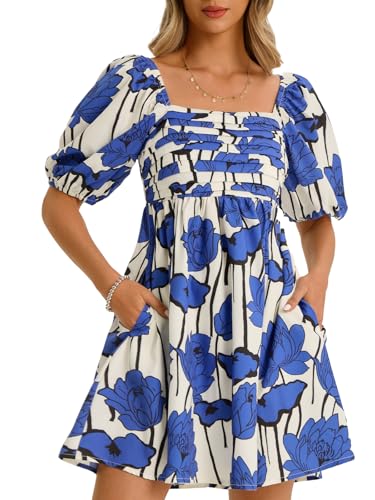 Wenrine Womens Summer Square Neck Mini Dresses Casual Floral Puff Short Sleeve Smocked High Waisted A-Line Babydoll Dress Navy - Image 1