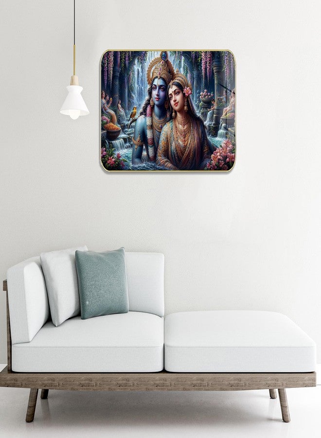 Masstone Radha Krishna Crystal Embedded High Gloss Wall Painting, Golden Slim Frame, 45x30 Cm Wall Art for Living Room, Bedroom, Office & Home Décor (HG12) - Image 3