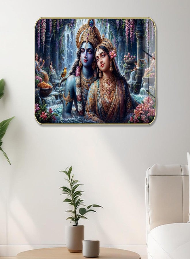 Masstone Radha Krishna Crystal Embedded High Gloss Wall Painting, Golden Slim Frame, 45x30 Cm Wall Art for Living Room, Bedroom, Office & Home Décor (HG12) - Image 1
