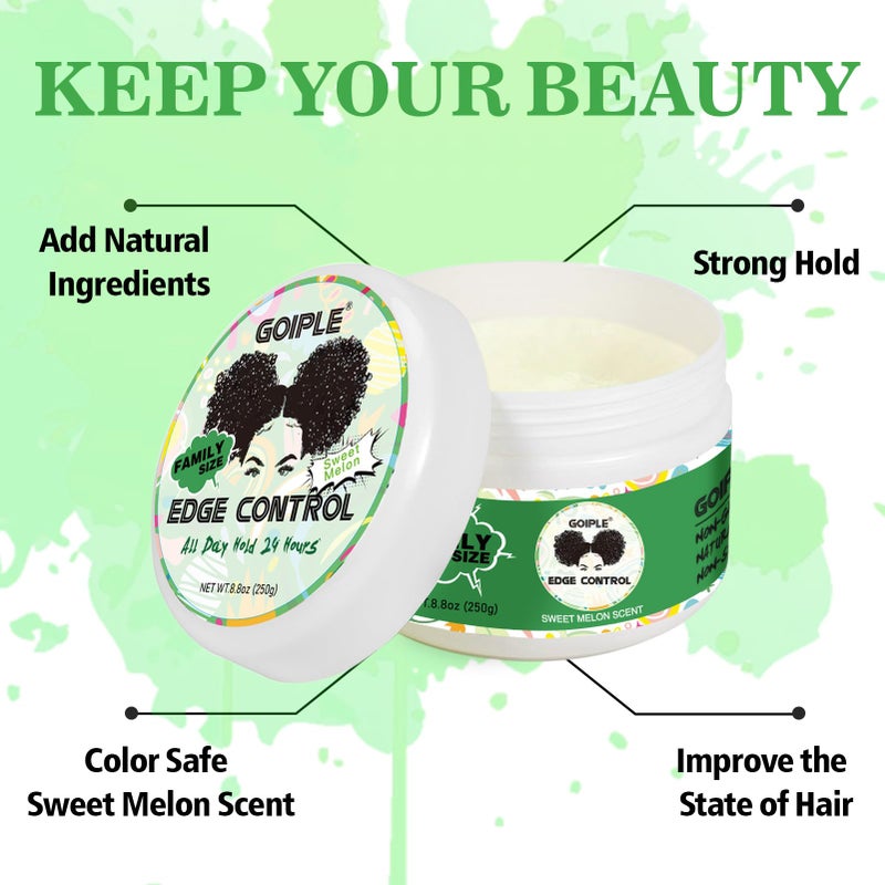 Goiple 8.8 OZ Edge Control Wax for Women Strong Hold Non-greasy Edge Control Smoother Edge Wax Styling Gel Edge Control for Black Hair No Flaking, White Residue, Shine and Smooth (Sweet Melon) - Image 3