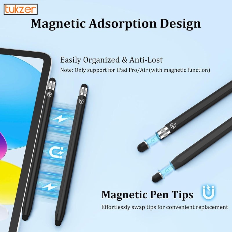 tuKZer 2in1 Tablet Stylus Pen with Soft Rubber Tip,Magnetic Aluminum Body,High Sensitivity & Precision Universal Capacitive Touchscreen Pen for iOS, Android,Smartphone,iPad,Pro,Air,iPhone-Carbon Black - Image 3