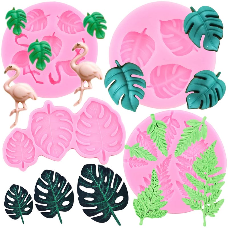 ZiXiang Flamingo Tropical Leaf Silicone Mold Fern Monstera Leaves Fondant Molds For Cupcake Topper Cake Decorating Chocolate Resin Polymer Clay Set Of 4