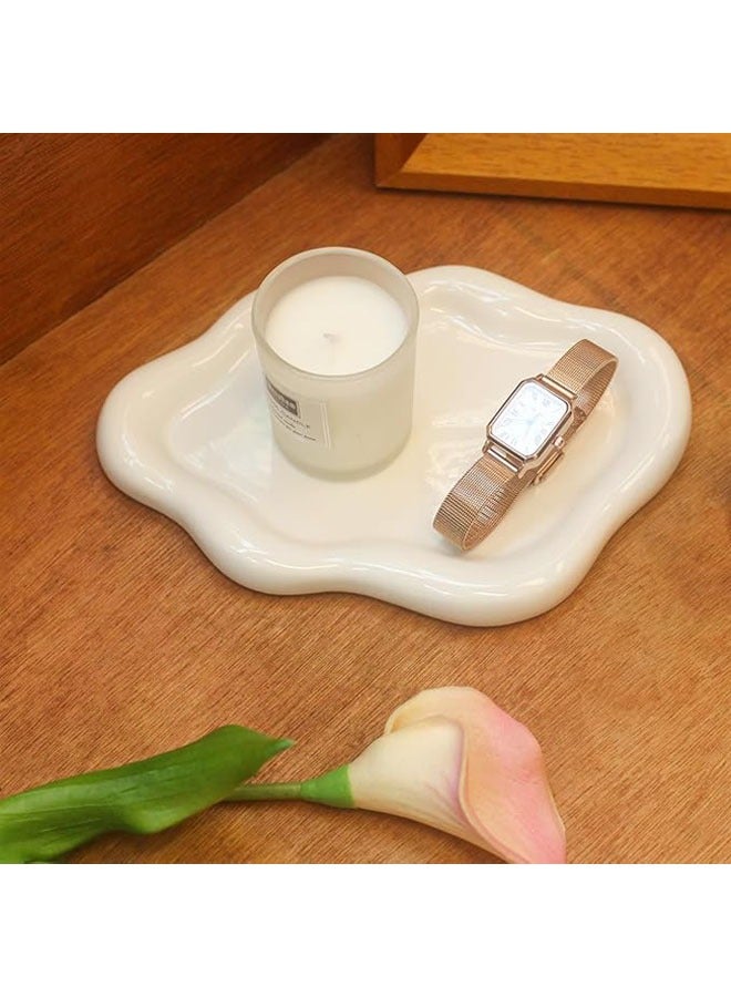 Hihonor Ceramic Jewelry Tray Trinket Dish, Decorative Cloud Vanity Key Tray for Women, Ring Holder Dish, Cute White Jewelry Plate Bowl Room Decor Aesthetic - Image 1