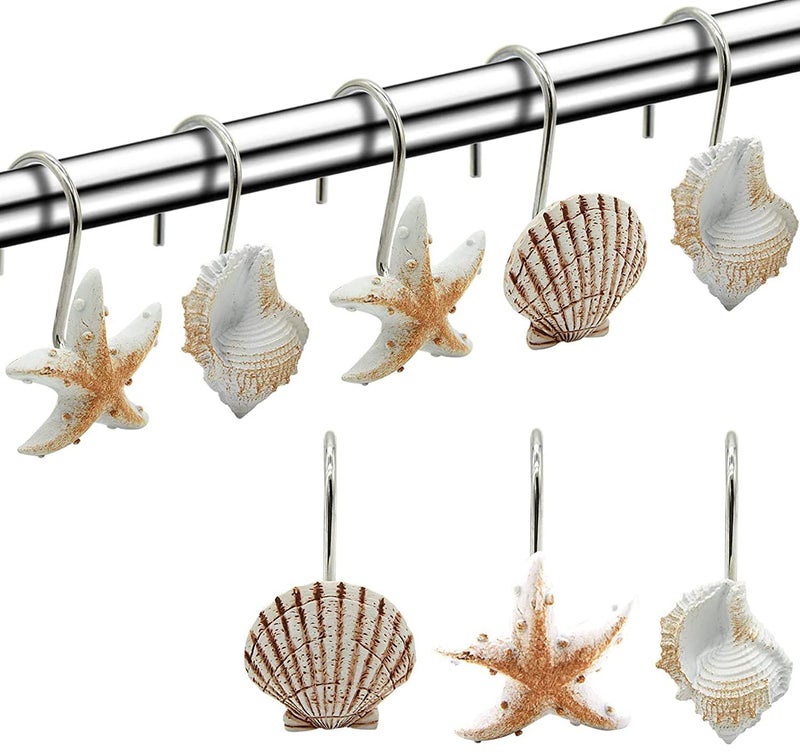 FINROS Seashell Shower Curtain Hooks,12PCS Anti Rust Decorative Resin Hooks for Bathroom, Baby Room, Bedroom, Living Room Decor (Light Brown Seashell) - Image 1