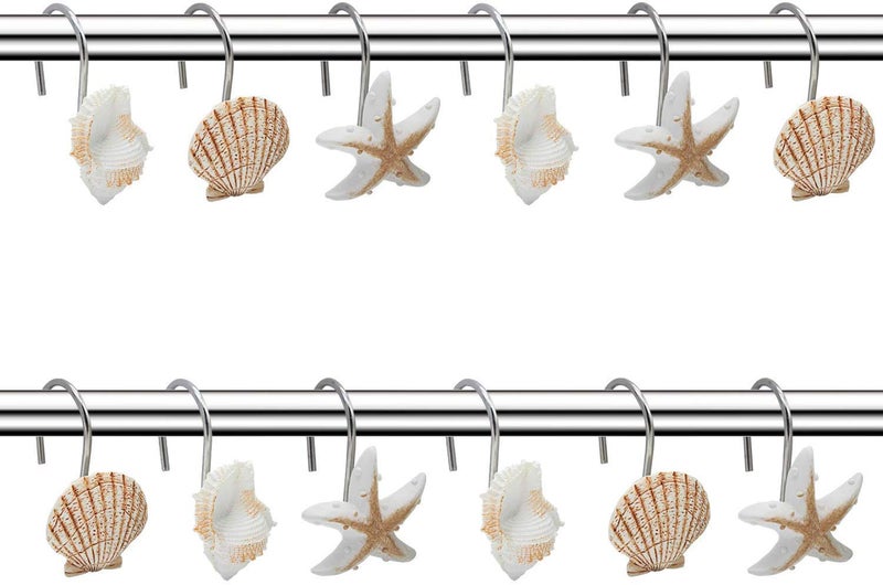 FINROS Seashell Shower Curtain Hooks,12PCS Anti Rust Decorative Resin Hooks for Bathroom, Baby Room, Bedroom, Living Room Decor (Light Brown Seashell) - Image 3