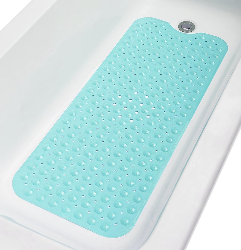 TIKE SMART Extra-Long Non-Slip Bathtub & Shower Mat 39â€x16â€ (Smooth/Non-Textured Tubs Only) Safe, Clean, Machine-Washable, Superior Grip&Drainage, Vinyl, Transparent Aqua/Blue-Green - Image 1