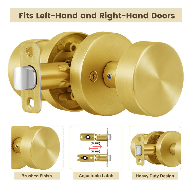 Naubea Passage Door Knobs Interior  Brushed Gold Door Knob For Closet  Brushed Brass Door Knob For Hallway  Heavy Duty Modern Round Door Handle - Image 4