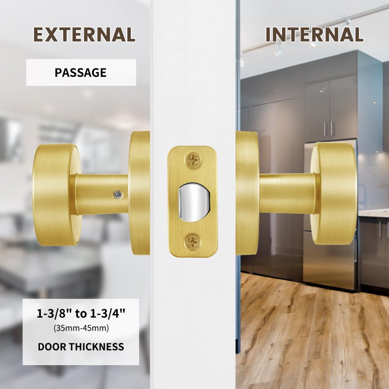 Naubea Passage Door Knobs Interior  Brushed Gold Door Knob For Closet  Brushed Brass Door Knob For Hallway  Heavy Duty Modern Round Door Handle - Image 3