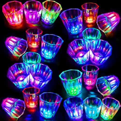 Volpeblu 24 Pack LED Light Up Shot Glasses - Glow in the Dark Reusable Plastic Party Cups with Flashing Lights, 2OZ for Adults Birthday Christmas Halloween Bar Easter (Party Favors Supplies) - Image 1