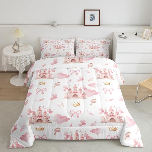 Feelyou Kids Pink Castle Duvet Insert Full Size Cute Bowknot Comforter Set Boys Girls Girls Dreamy House Bedding Set Fairytale Teens Bedroom Decor Bed Set 3Pcs - Image 3