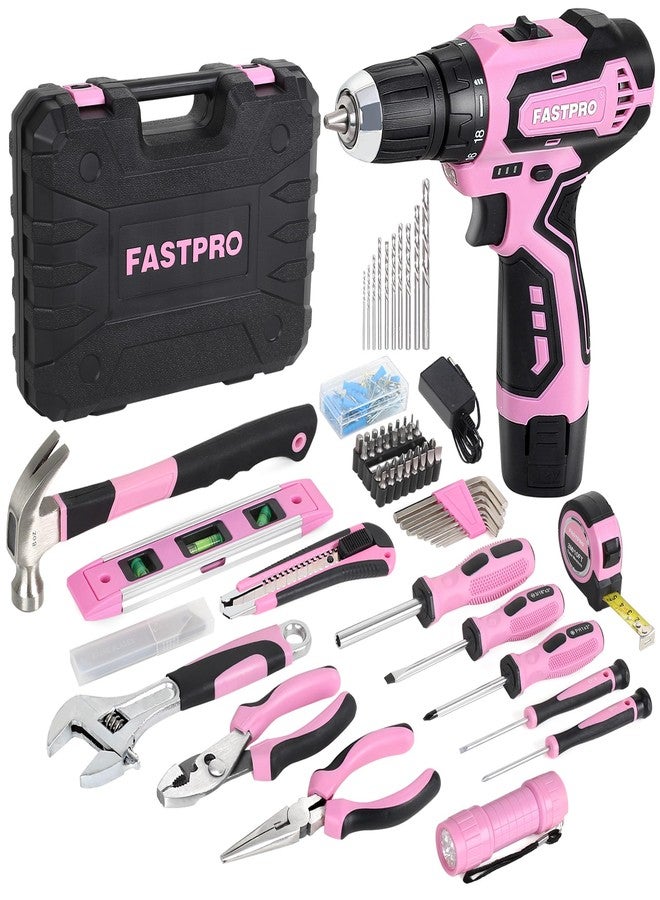 FASTPRO مجموعة أدوات FASTPRO الوردية المكونة من 160 قطعة مع مثقاب لاسلكي 12 فولت ليثيوم أيون، مجموعة أدوات إصلاح منزلية للسيدات مع مثقاب في حقيبة تخزين، للأعمال اليدوية والصيانة المنزلية - Image 1