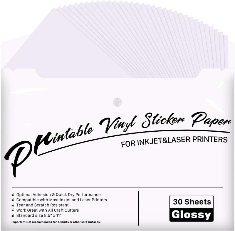 JANDJPACKAGING Printable Vinyl for Inkjet & Laser Printer - 30 Pack Printable Vinyl Sticker Paper Glossy White - Standard Letter Size 8.5"x11" - Image 1