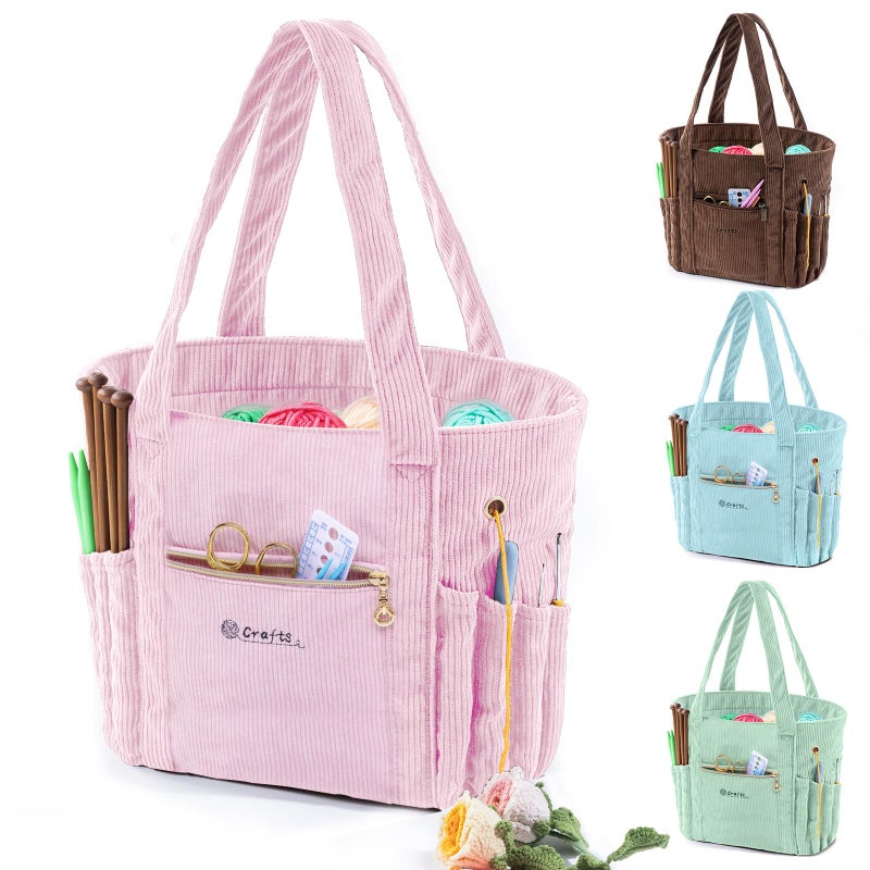 MYBAGZING Corduroy Crochet Bag 115 Large Yarn Storage Tote with Grommets Needle Holders Knitting Bag Organizer for Crochet Hooks Accessories Tools Projects Gift for Knitters Crafters - Image 2