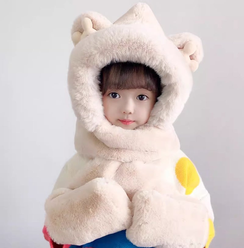 Kids Winter Hat Scarf Gloves Set Beige (mickey bear)