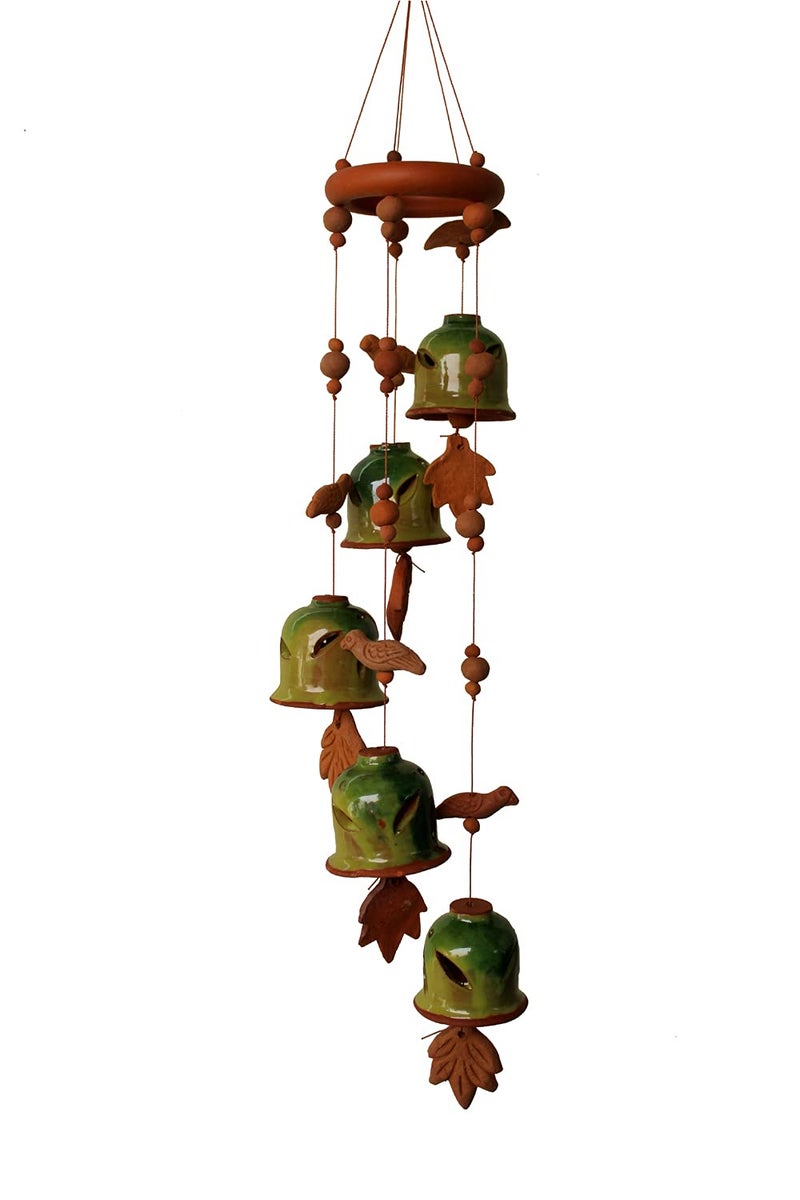 DEVICE OF ESVAR STONECRAFT ...EVERY STROY IS UNIQUE EVERY HOME IS DIFFERENT..... ES ESVAR STONECRAFT Terracotta Ceramic Coated Green Wind Chimes with Five Bells of Ring Design Handmade Craft with Melodious Sound Bells60cm Long - Image 3