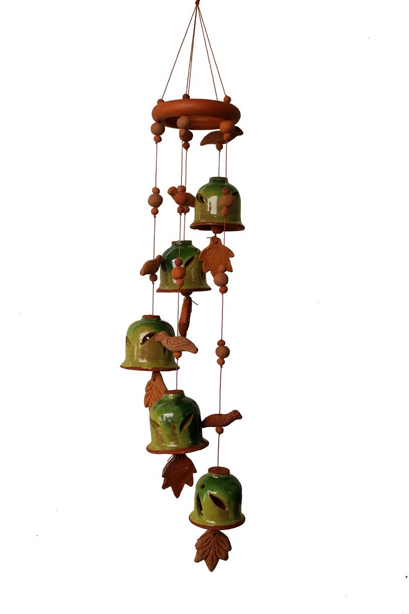 DEVICE OF ESVAR STONECRAFT ...EVERY STROY IS UNIQUE EVERY HOME IS DIFFERENT..... ES ESVAR STONECRAFT Terracotta Ceramic Coated Green Wind Chimes with Five Bells of Ring Design Handmade Craft with Melodious Sound Bells60cm Long - Image 1