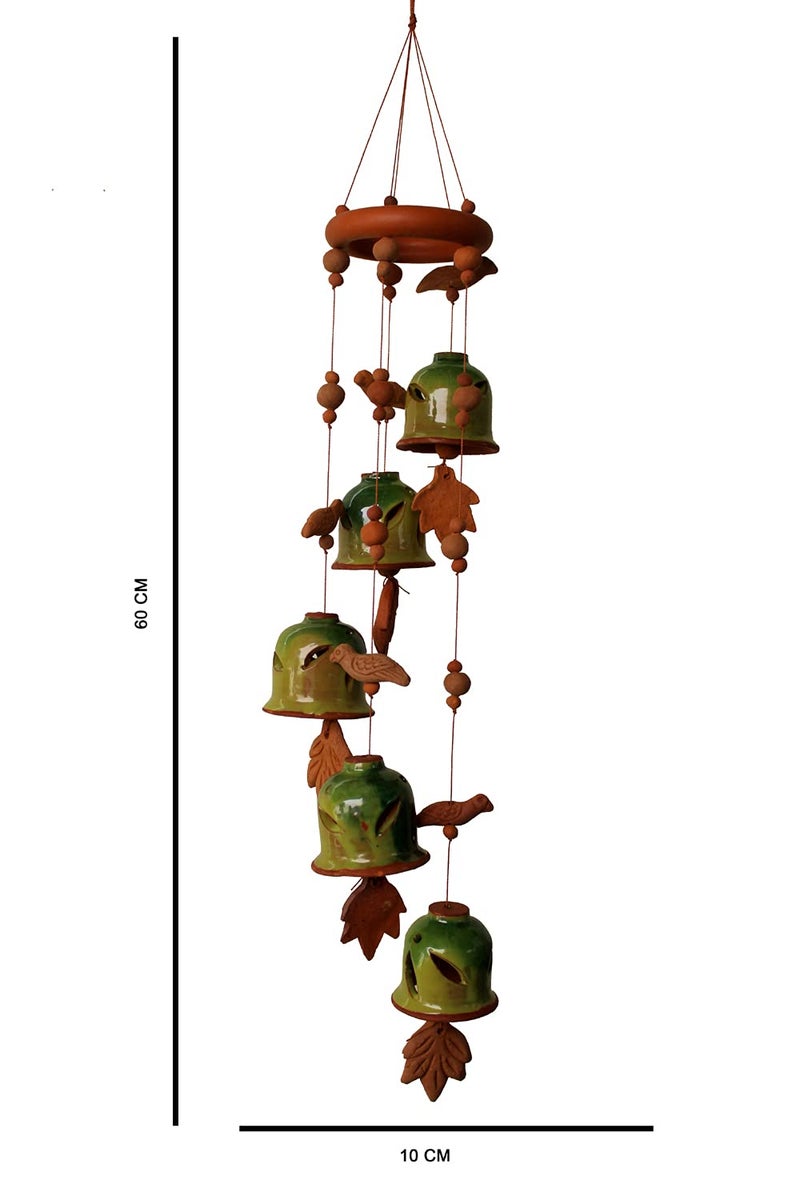 DEVICE OF ESVAR STONECRAFT ...EVERY STROY IS UNIQUE EVERY HOME IS DIFFERENT..... ES ESVAR STONECRAFT Terracotta Ceramic Coated Green Wind Chimes with Five Bells of Ring Design Handmade Craft with Melodious Sound Bells60cm Long - Image 4